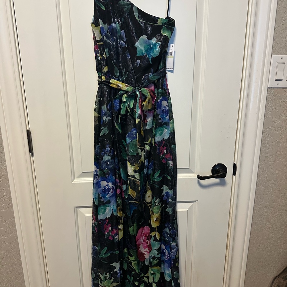 SLNY One-Shoulder Floral Maxi Dress in Black with Blue, Green & Pink